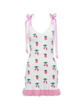 LoveShackFancy White Knit Fruit-Print Yves Mini Dress with Pink Accents